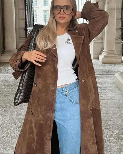 Leather Belt Long Windbreaker Coat